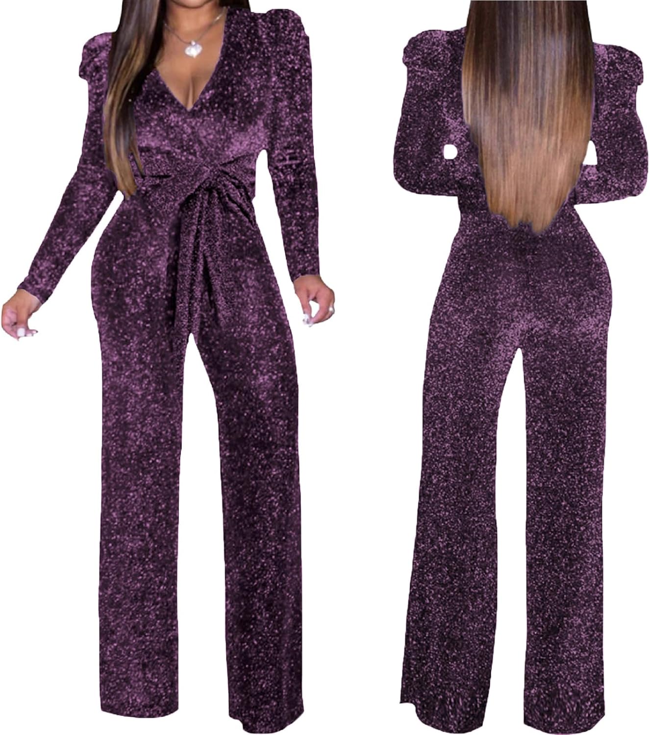 Women's Sparkly Jumpsuits Sexy Long Sleeve Cocktail Elegant Mock Neck Bodycon Straight Long Pants Rompers with Pockets - Image 3