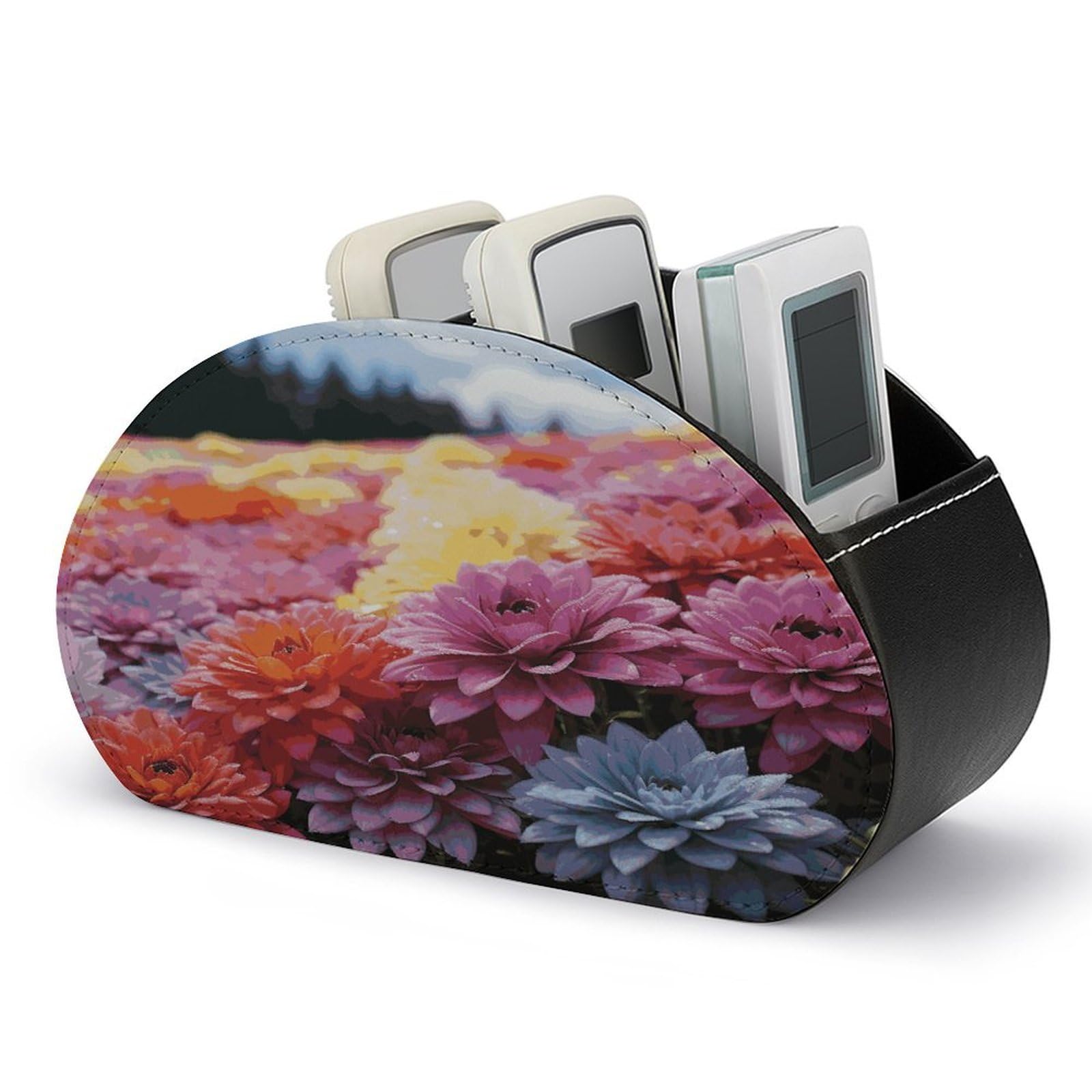 FekiLoot Rainbow Flower Sea Remote Control Holder, PU Leather Remote Control Organizer Box Stationery Remote Control Box Desk Storage Organizer for DVDs,Glasses,Pens,Media Players