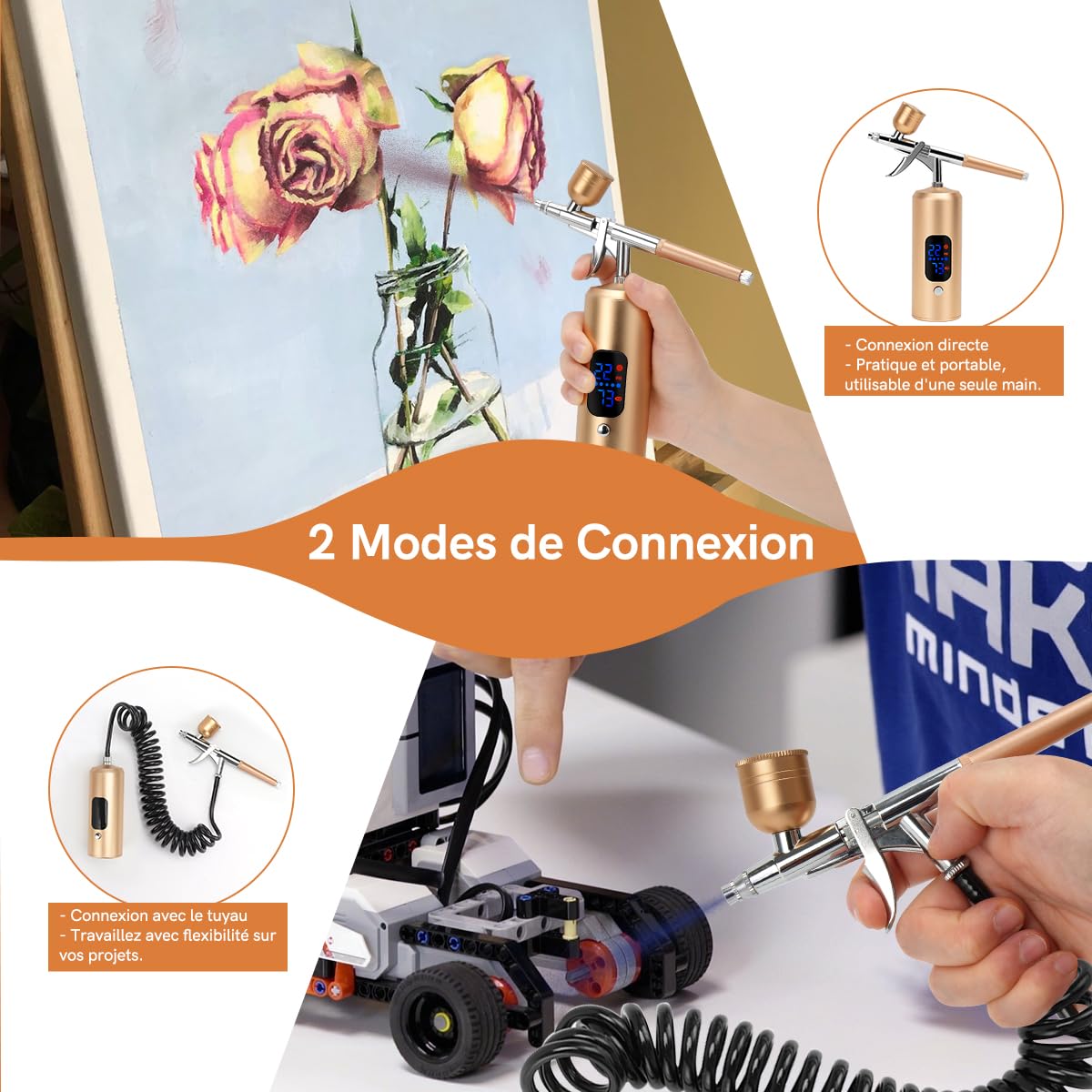 Kit Aerógrafo Inalámbrico 38PSI Ajustable con Compresor, Recargable, Pantalla LCD, Manguera Extensión, Ideal para Peinado, Nail Art, Decoración Pasteles, Maquillaje (38 PSI - Oro Champán)