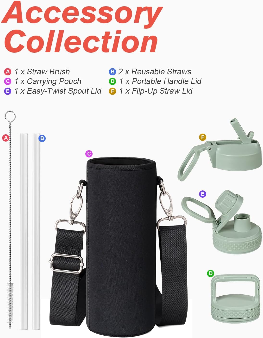 Coolflask Water Bottle 24 oz Insulated with Straw, Stainless Steel Metal 3 Lids Water Flask Wide Mouth for Sports or Office, Non-BPA Keep Cold Up to 48 Hrs or Hot Up to 24 Hrs, Grey Green