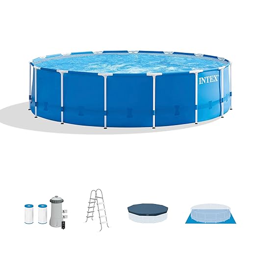 Intex 15ft x 48in Metal Frame Above Ground Swimming Pool Set & 15ft Pool Cover