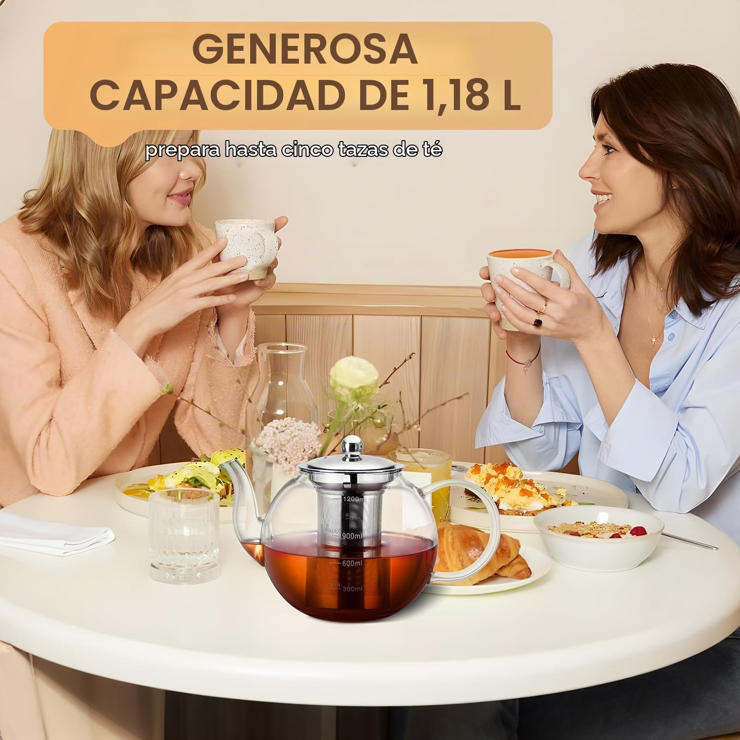 Tetera de Cristal ZPOSE con Infusionador de Acero Inoxidable Resistente al Calor, Tetera de Vidrio 1200ml con Filtro Extraíble, Tea Pot Teteras para Té y Café