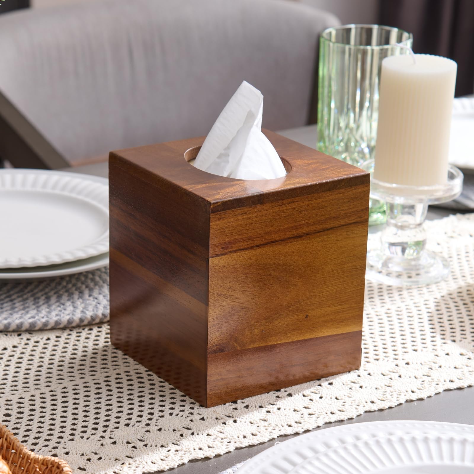 Caja para pañuelos de Madera de Acacia, Funda Cuadrada para Caja pañuelos Papel, Soporte Decorativo para baño, Sala de Estar, Dormitorio o Mesa de Comedor, 13.5 x 13.5 x 15 cm
