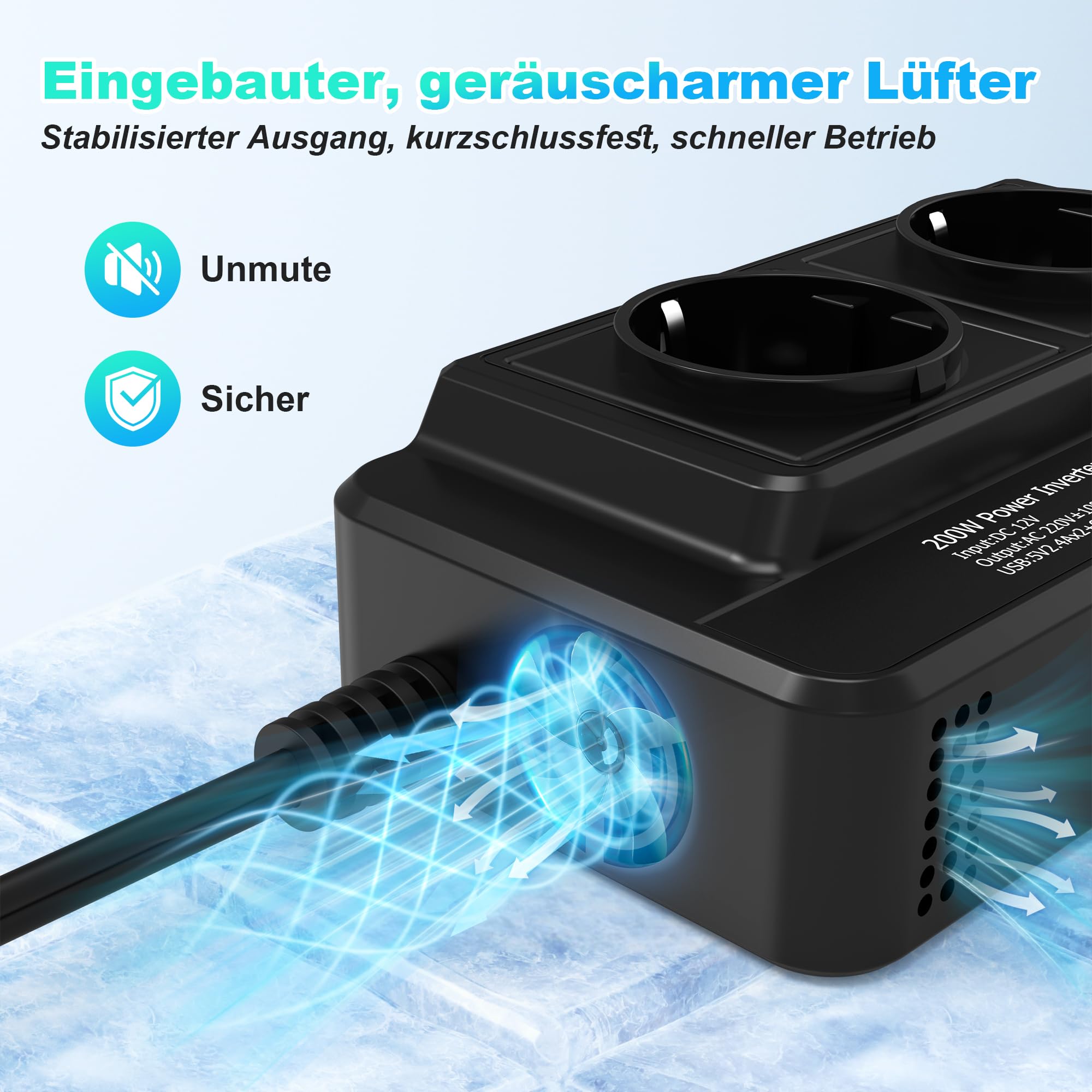 200W Auto Spannungswandler Wechselrichter DC 12V to AC 230V mit 2 Steckdosen und 4 USB Ports Schnelles Aufladen KFZ Ladegerät mit Zigarettenanzünderstecker für Geschaeftsfahrten und Urlaub