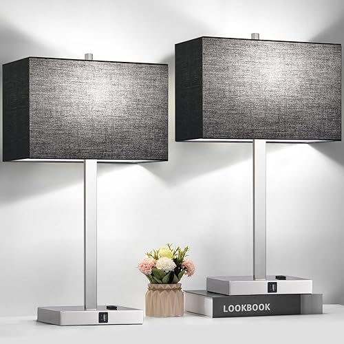 Miniatura 10 de 21" Set of 2 Touch Control Table Lamps with 2 USB & AC Outlets, 3-Way Dimmable Modern Nightstand Lamps for Bedroom Living Room Office Reading, White