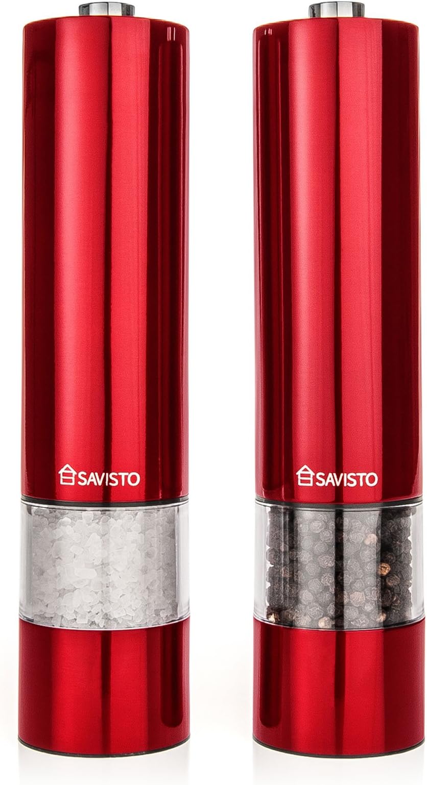 Savisto Illuminated Electronic Stainless Steel Salt & Pepper Mill Set with Adjustable Grinder โ Metallic Red, 6 x 11.3 x 6 cm