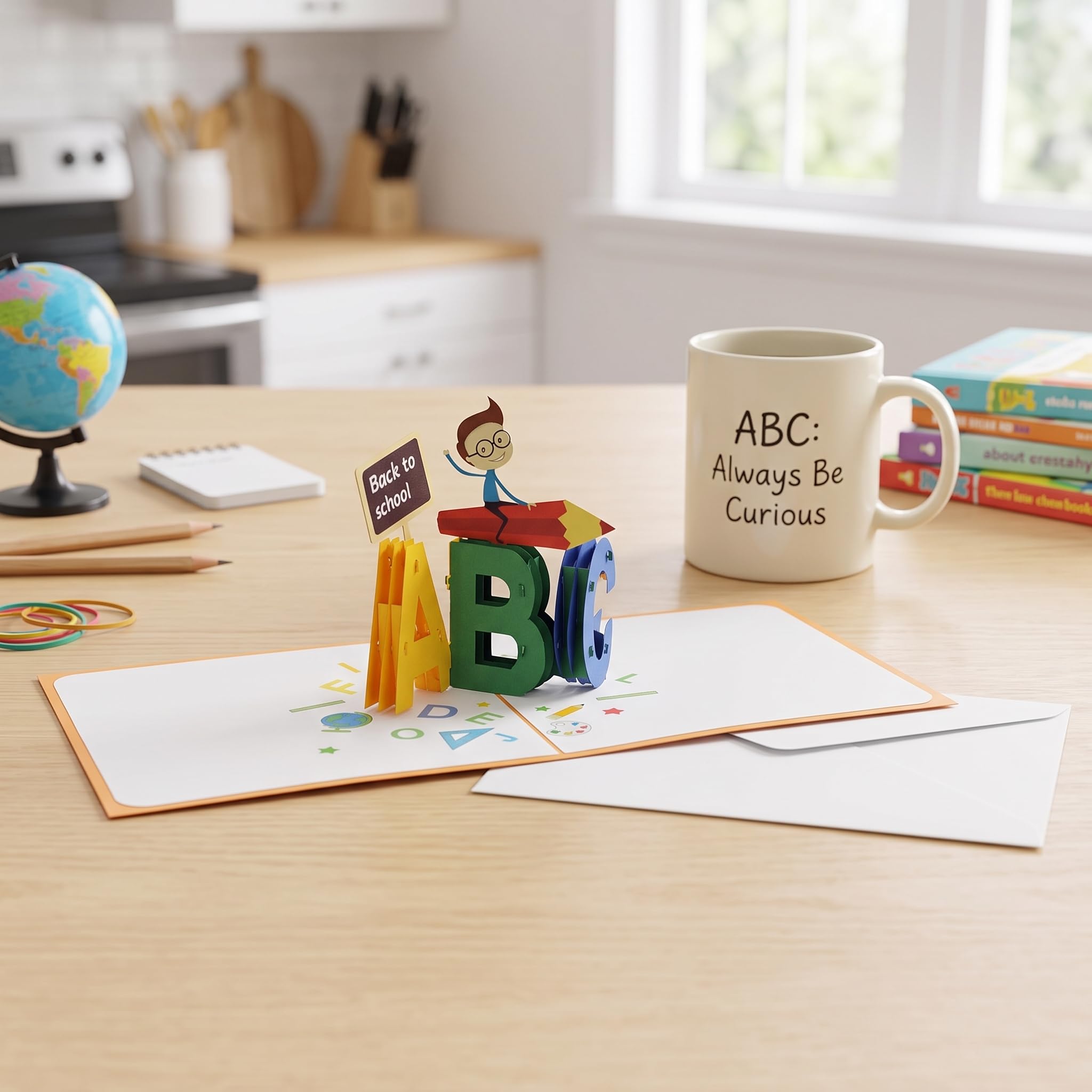 iGifts And Cards Tarjeta de felicitación desplegable 3D de bienvenida de regreso a clases, regalo de inicio de año escolar de 6 x 6 pulgadas con sobre, ideal para el primer día de escuela, alegría