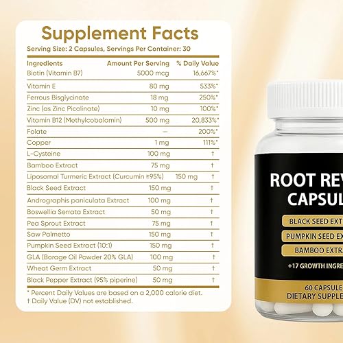 Miniatura 2 de Root Revive Cápsulas de crecimiento del cabello para mujeres y hombres negros  60 cápsulas  Fórmula 17 con extracto de semilla negra, biotina, bambú