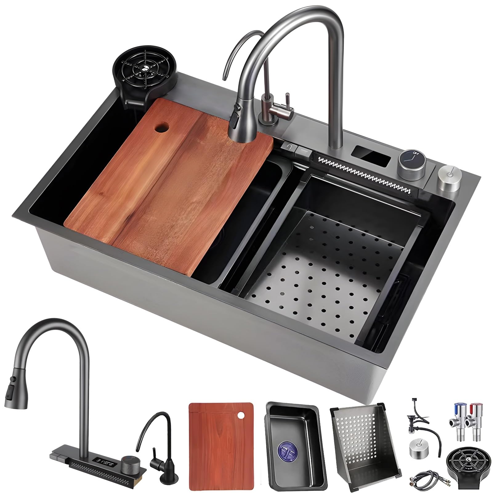 WIQUYBML Black Waterfall Sink, Stainless Steel Kitchen 1 Basin, Multifunctional Modern Sink with Siphon, Glass Rinser and Drain Baskets, Overflow Set, Accessories