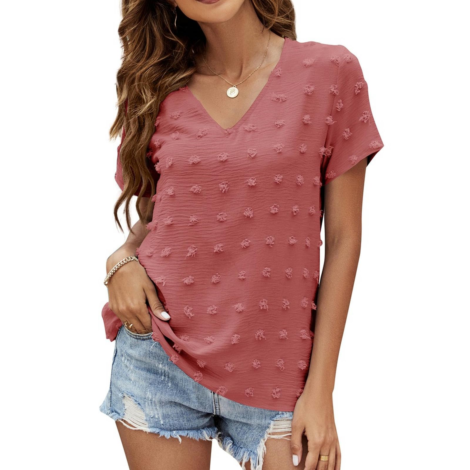 Camicia a Maniche Corte in Chiffon con Scollo a V da Donna, Nuova Estate, Top a Maniche Corte - Azzurro - L