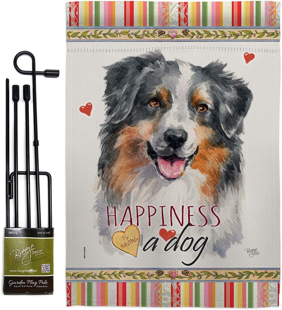 Australian Shepherd Happiness Garden Flag Set with Stand Animals Dog Puppy Spoiled Paw Canine Fur Pet Nature Farm Animal Creature Small Gift Yard House Banner Made In USA 13 X 18.5