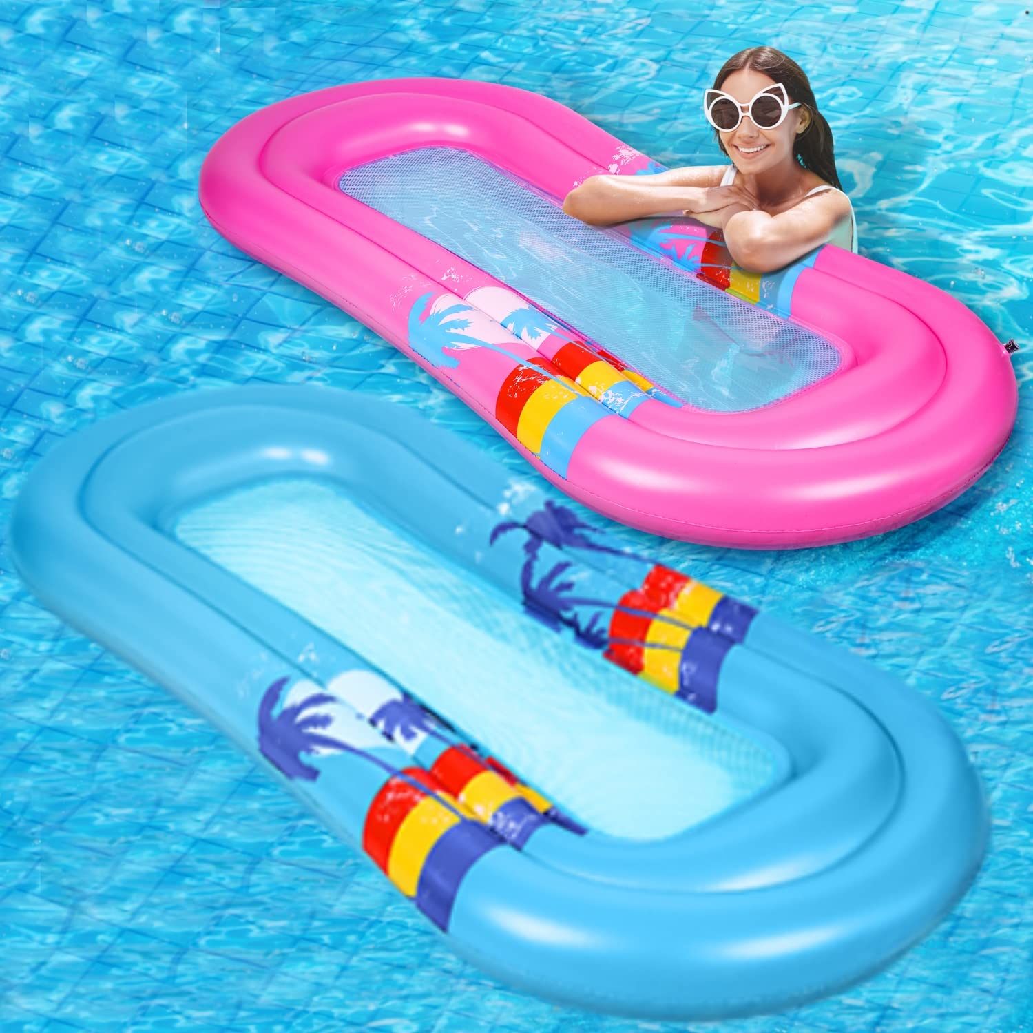 Pool Floats Adult, 2 Pack Inflatable Tanning Pool Lounger Float Pool Rafts for Adults Water Hammock Pool Floaties for Adults Floats for Pool Floating for Adults Summer Party