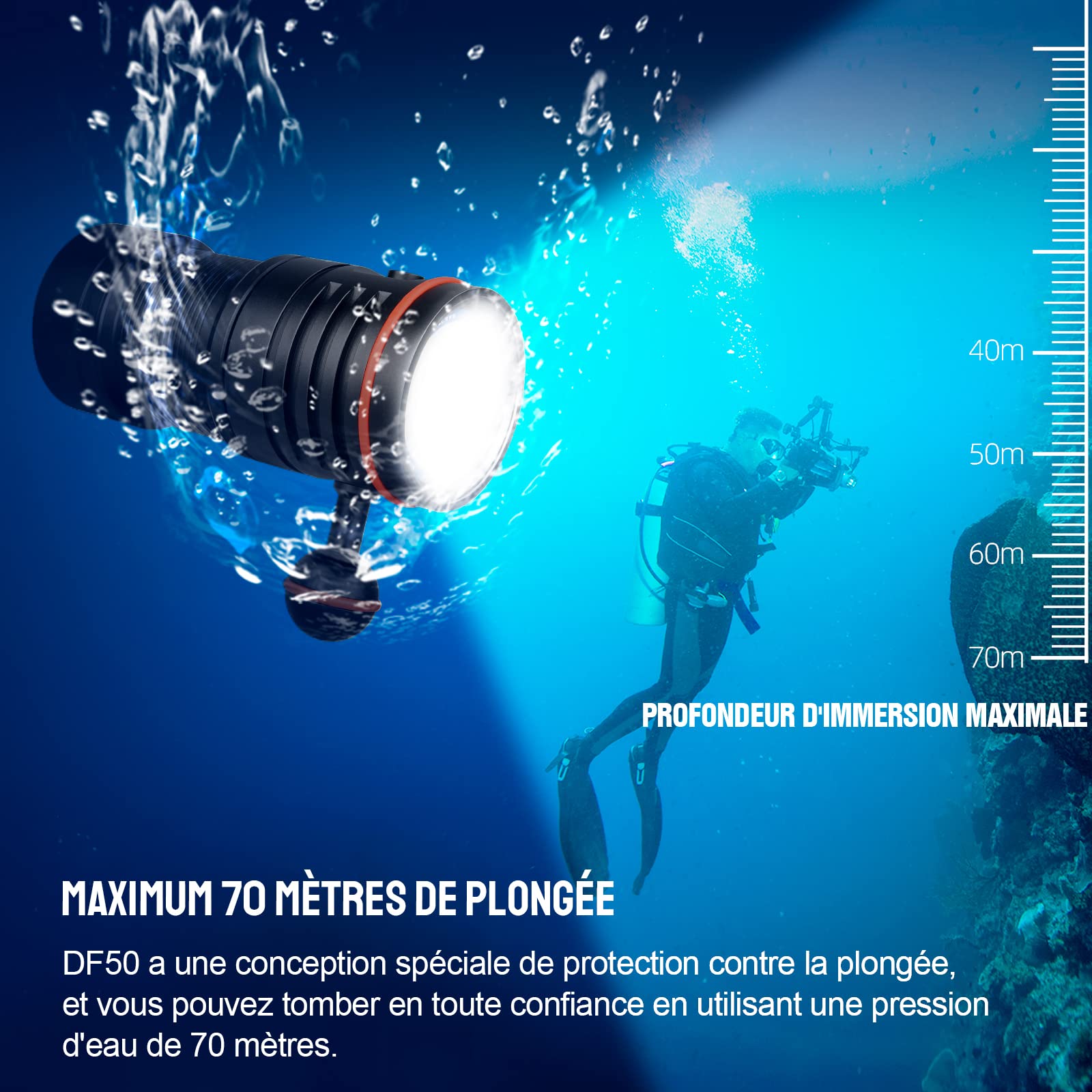 Lampe de plongée,TurstFire lampe de plongée LED, lampe de plongée LED, IPX8 étanche lampe de poche sous-marine avec batterie, lampe de plongée 4 modes d'éclairage