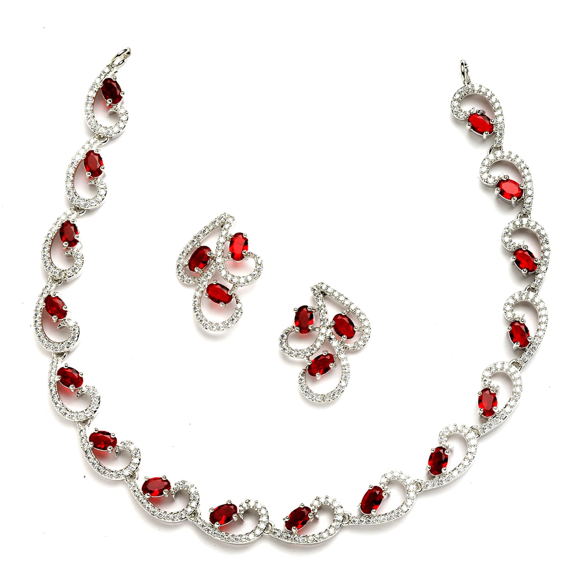 ZENEMERhodium-Plated with Silver-Toned White Cubic Zirconia & American Diamond studded Necklace and Drop Earrings Jewellery Set for women