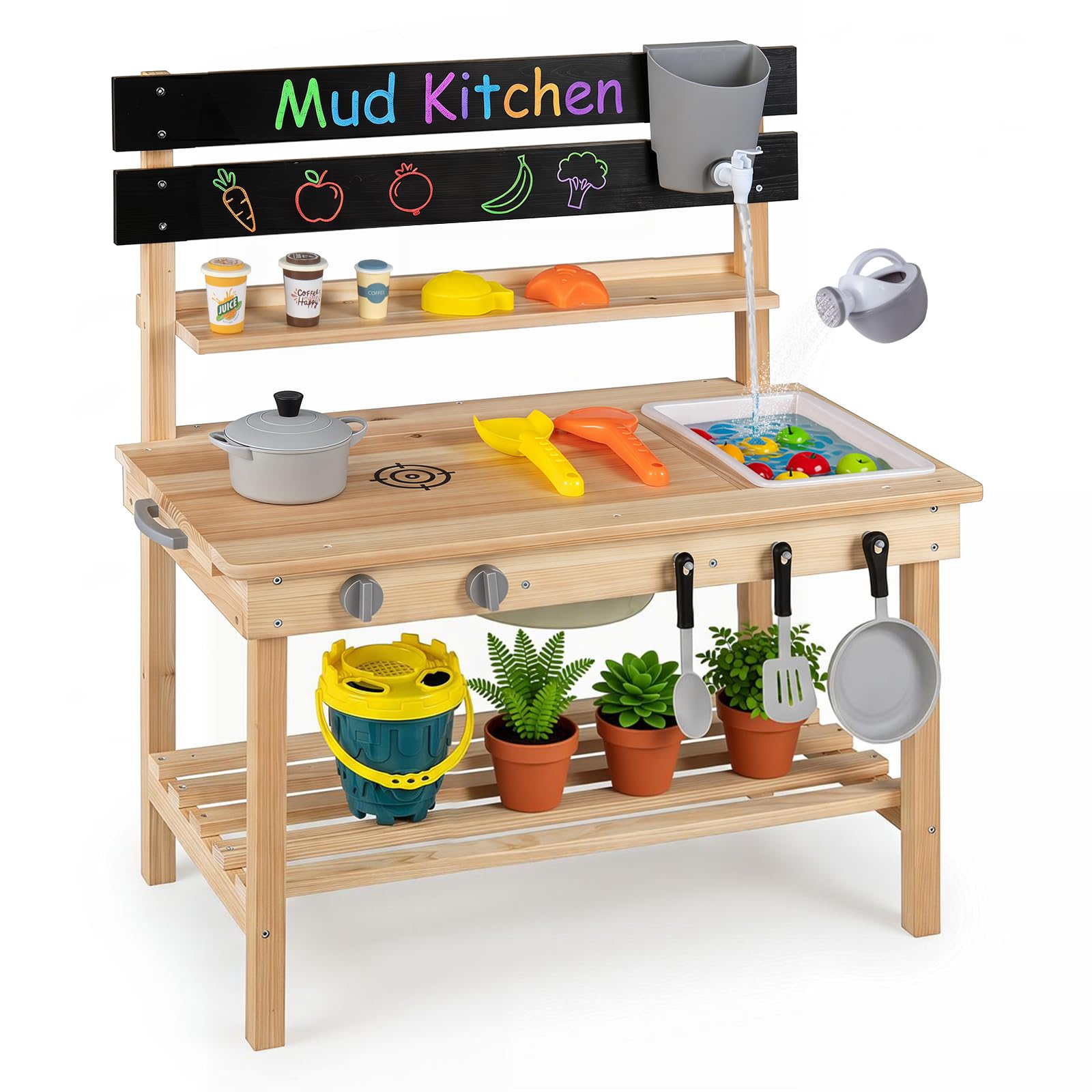 COSTWAY Matschküche Kinder Outdoor, inkl. Zubehör, für Kinder ab 3 Jahren | Ausziehbarer Gartentisch, mit Wassertank, Spülbecken & Tafel, Fichtenholz, inkl. Gießkanne & Küchenutensilien