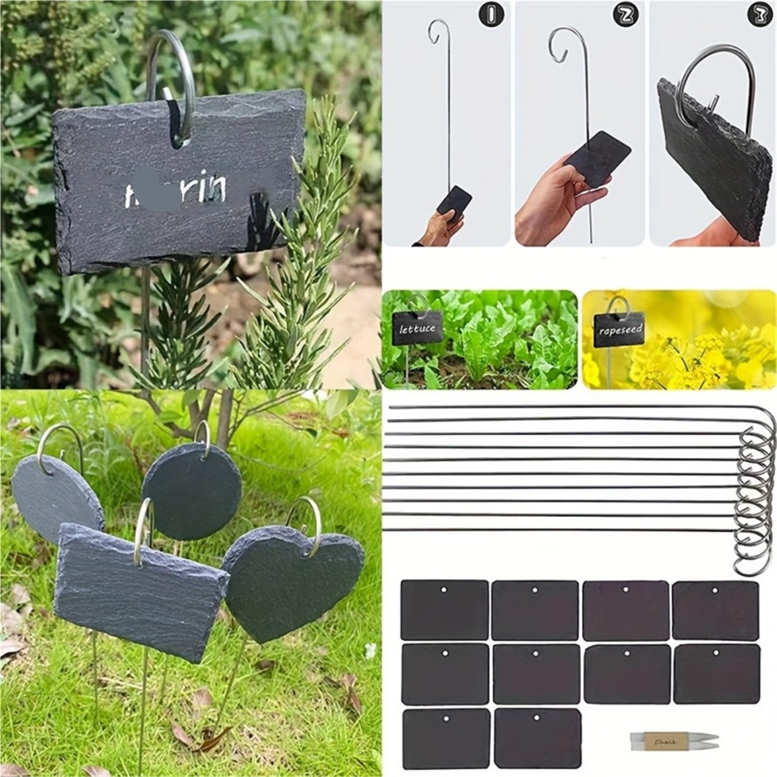 Lot de 10 marqueurs plantes en ardoise noire | Tiges acier inoxydable | Décoration jardin et terrasse intérieure/extérieure Pour Fleurs(Heart)