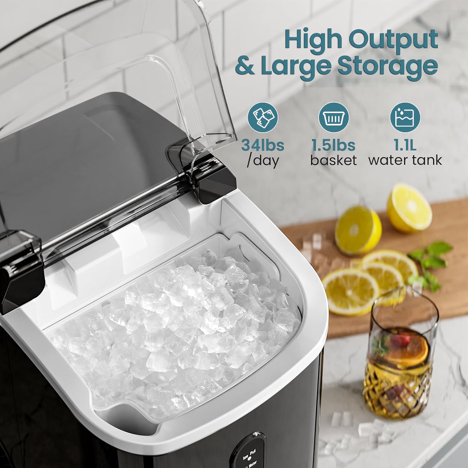 Nugget Countertop Ice Maker with Chewable Pellet Ice, Antarctic Star Portable Ice Machine Pebble Ice with Self-Cleaning, 34Lbs/24H, One Button Operation, for Kitchen, Home Green on Fridge.com