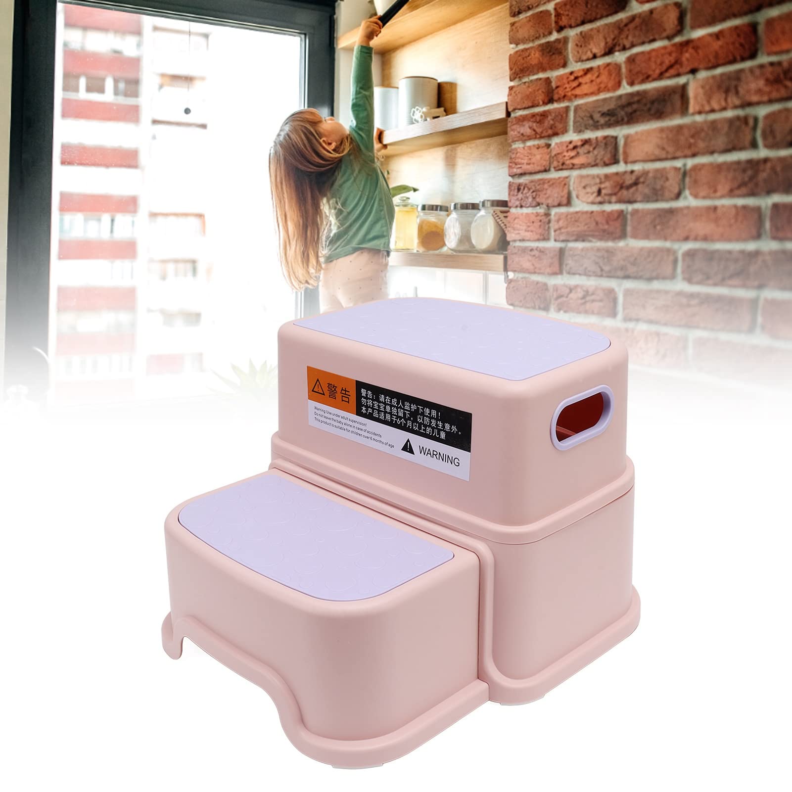 Sgabello per Bambini Sgabello a Tre Gradini per Bambini con Fondo Antiscivolo, Poggiapiedi in Plastica per Asilo Nido per Vasino, Bagno, Cucina(Rosa)