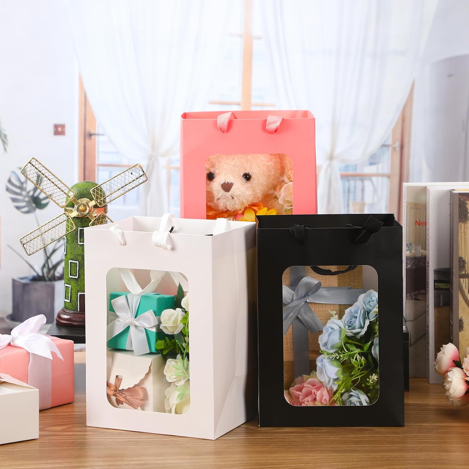 Seajan 30Pcs Mothers Day Kraft Paper Gift Bag with Transparent Window 9. 8 x 7. 1 x 5. 1 Inch Kraft Shopping Bag Bulk Flower Box with Handles for Gift Wrap Pouch for Bouquet Bridal Shopping Present