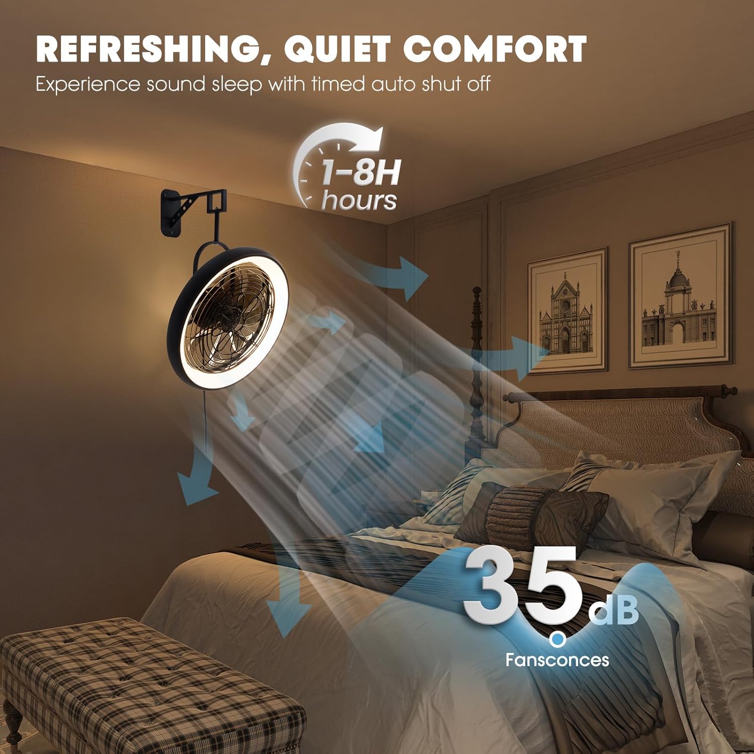 Wall Mounted Fan with Lights, 20” Wall Mount Fan with Remote, 6 Speeds Plug in Wall Fan, Reversible, 3CCT, Dimmable, Noiseless, 360°Adjustable Tilt for Workshop, Patio, Home
