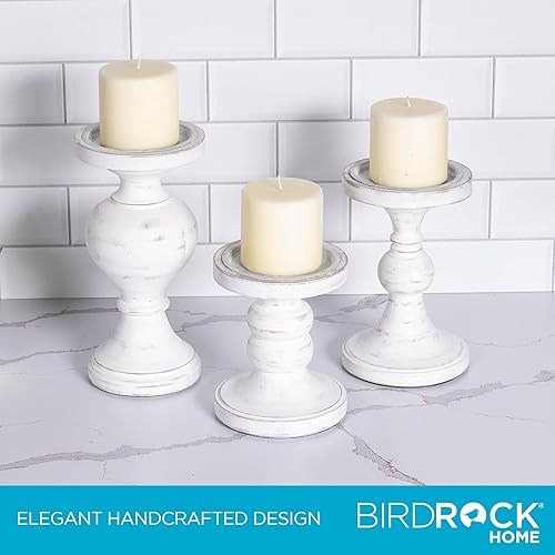 Miniatura 4 de BIRDROCK HOME Juego de portavelas de pilar, candelabros decorativos de madera para centro de mesa, repisa y comedor, juego de velas altas hechas a