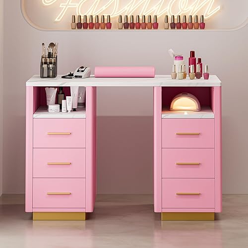 Miniatura 3 de Paddie Mesa de manicura de belleza con cajones de almacenamiento, escritorio de uñas para tecnología de uñas, resistente a acetona, con