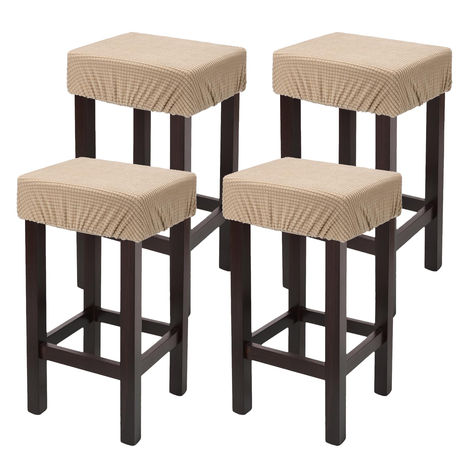 sourcing map 4 Pcs Seat Covers for Dining Chairs, Bar Stool Covers Stretch Chair Seat Protector Waterproof Saddle Stools Slipcover with Elastic Band for Kitchen Bar, Textured Fleece Sand