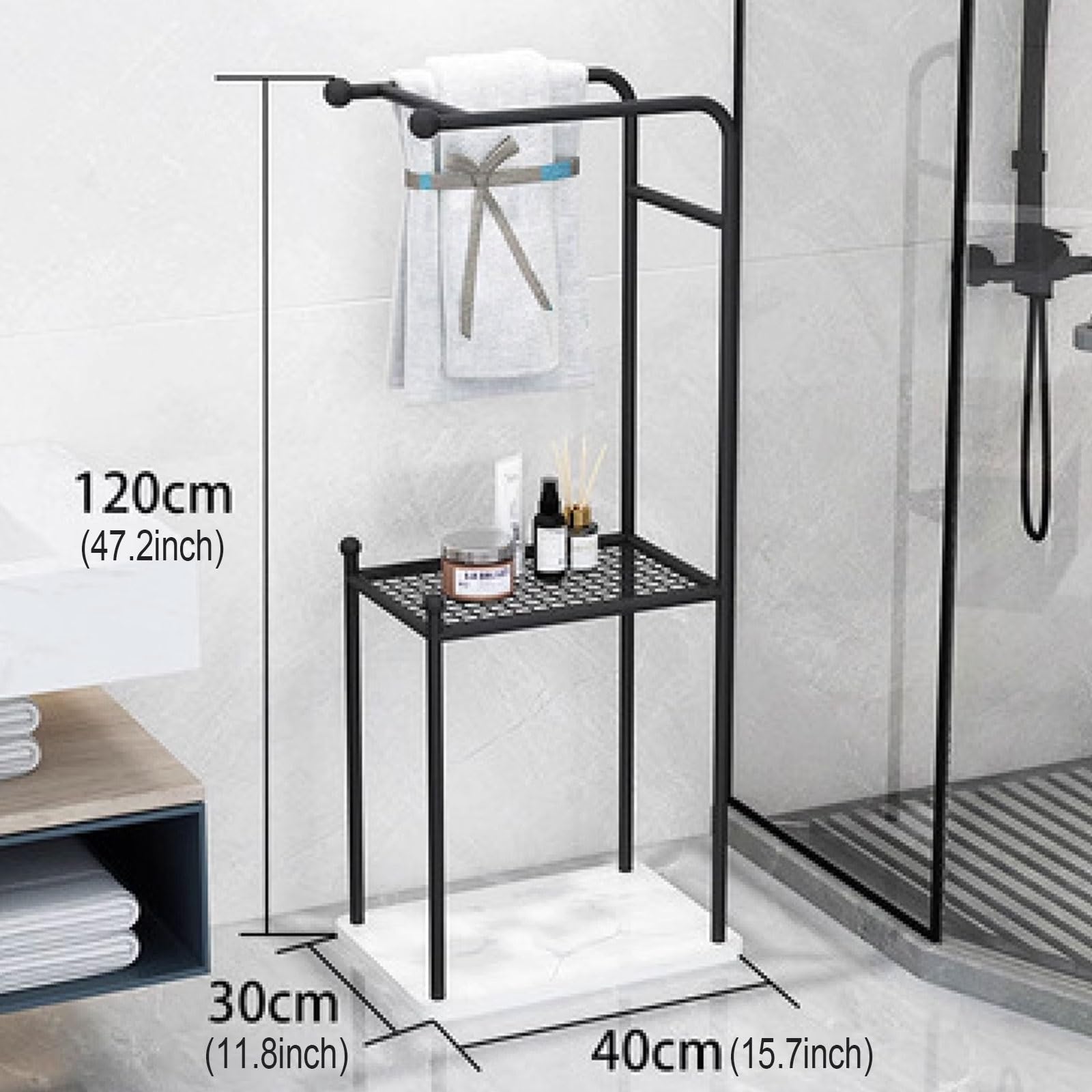 Porta Asciugamani Da Terra Con Mensola Fatto Di Ferro 2 Opzioni Di Archiviazione Piantana Porta Accappatoio Con Base in Marmo Nero, Oro(40 * 30 * 120CM)(Black)