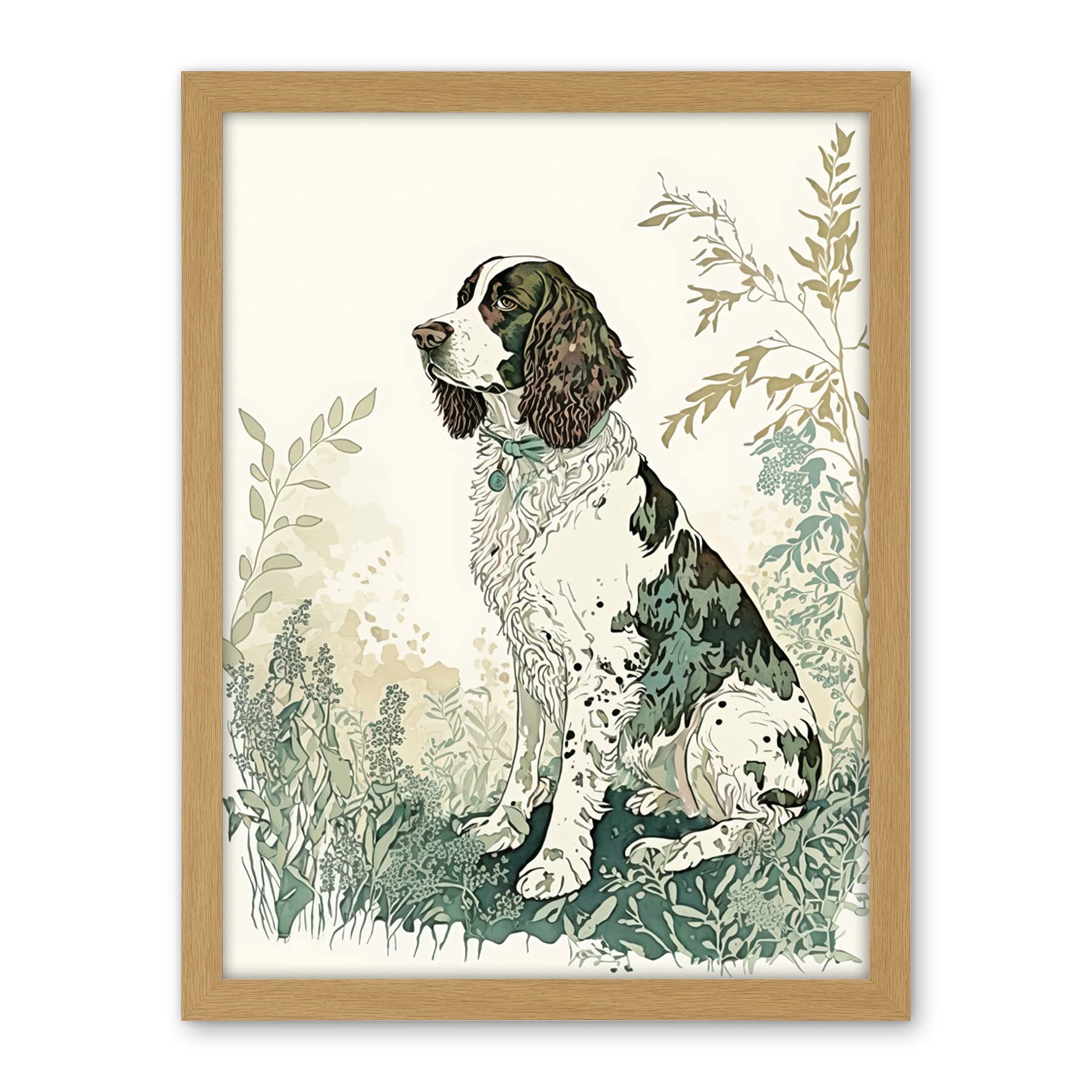 Artery8 English Springer Spaniel Dog in Field Modern Pastel Watercolour Illustration Artwork Framed Wall Art Print 18X24 Inch