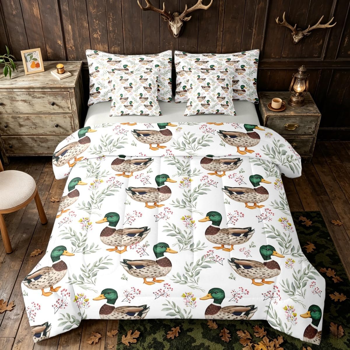 Erosebridal Flowers Duck Mallard Beige Green White Kids King 7-Piece Comforter Set | Farmhouse Rustic Sheets and Pillowcases Botanical Floral Hunting Bed in A Bag Adults Women Men Bed Sets
