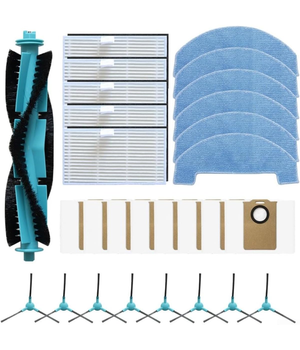 28 sztuk części zamiennych do robota odkurzającego Ultenic T10/T10 Lite/T20 Pro, łącznie z 1 główną szczotką, 6 ściereczkami, 5 filtrami, 8 workami do kurzu, 8 szczotek bocznych, częściami zamiennymi