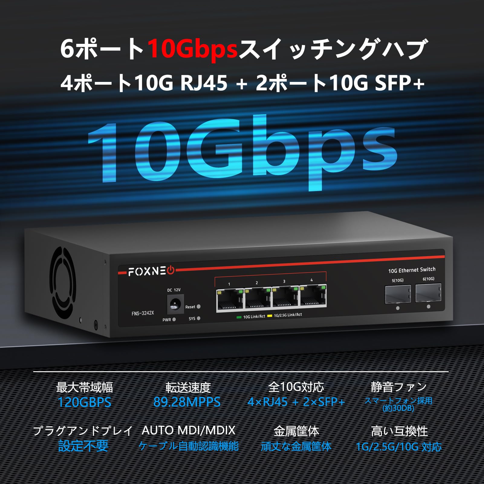 Amazon.co.jp: FOXNEO 10G スイッチングハブ 6ポート 4×10G RJ45+2×10G