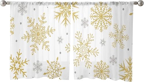 Miniatura 9 de Xmas Gold Grey Snowflake Sheer Curtains 84 Inch Length 2 Panels Set for Living RoomBedroom, Merry Christmas Winter Holiday Semi Curtain Sheers
