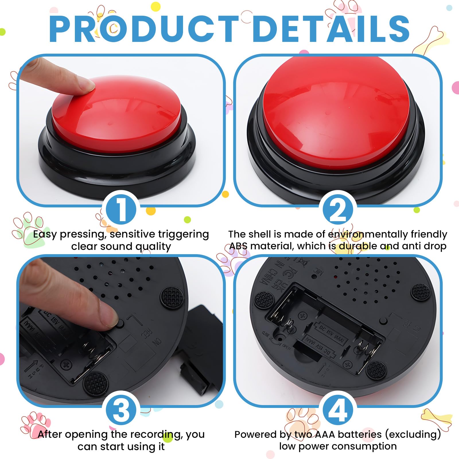 Mein HERZ Lot de 6 Buzzer Enregistrable, Bouton de Communication pour Chien Boutons pour Chien Buzzers pour Formation Chien Chat Jeux Maison,Enregistrement et Lecture de 30 Secondes