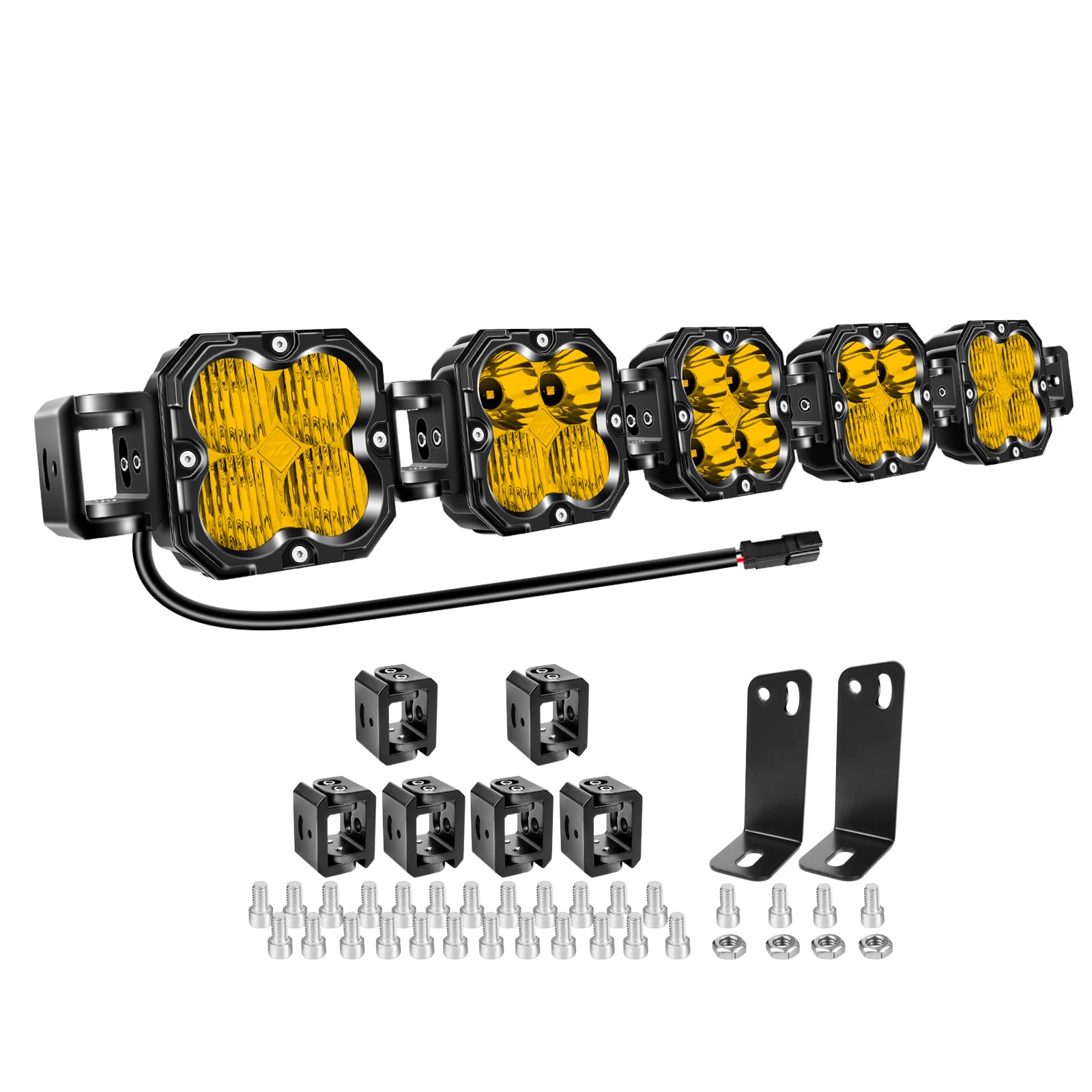 AUXTINGS 84 cm, 150 W, żółta listwa świetlna LED z okablowaniem, prosta, zakrzywiona regulacja, 12 V / 24 V, szeroka wiązka światła i reflektor terenowy, 4 x 5, wodoodporna lampa przeciwmgielna do
