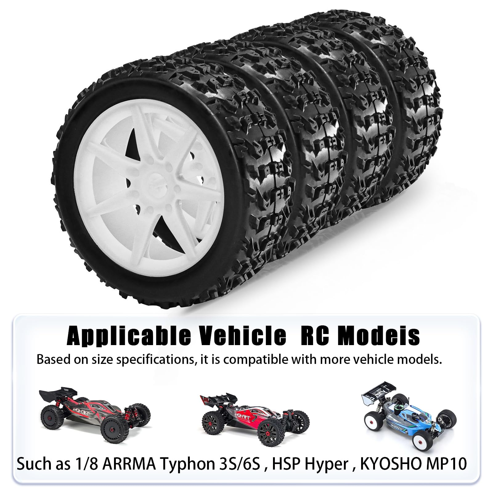 RcThjia 1/8 RC Off-Road Buggy Racing Tires and Wheels 17mm Hex RC Tires with Foam Inserts for ARRMA 1/8 Typhon 3S/6S Losi 8IGHT HongNor FS Racing KYOSHO MP10 MP9 MP9e Neo HSP Hyper. (4PCS/Set) - Image 4