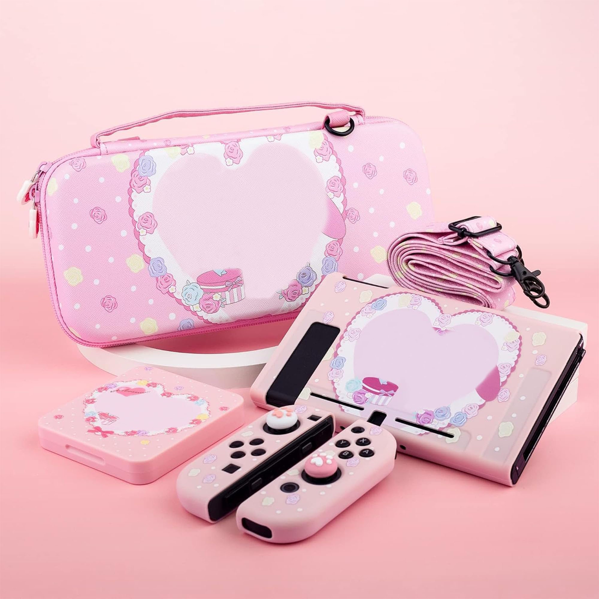 RHOTALL custodia da trasporto per Nintendo Switch, rosa custodia da viaggio accessori per Switch con guscio protettivo, tracolla, custodia per carte di gioco, protezione schermo e 2 tappi per pollice