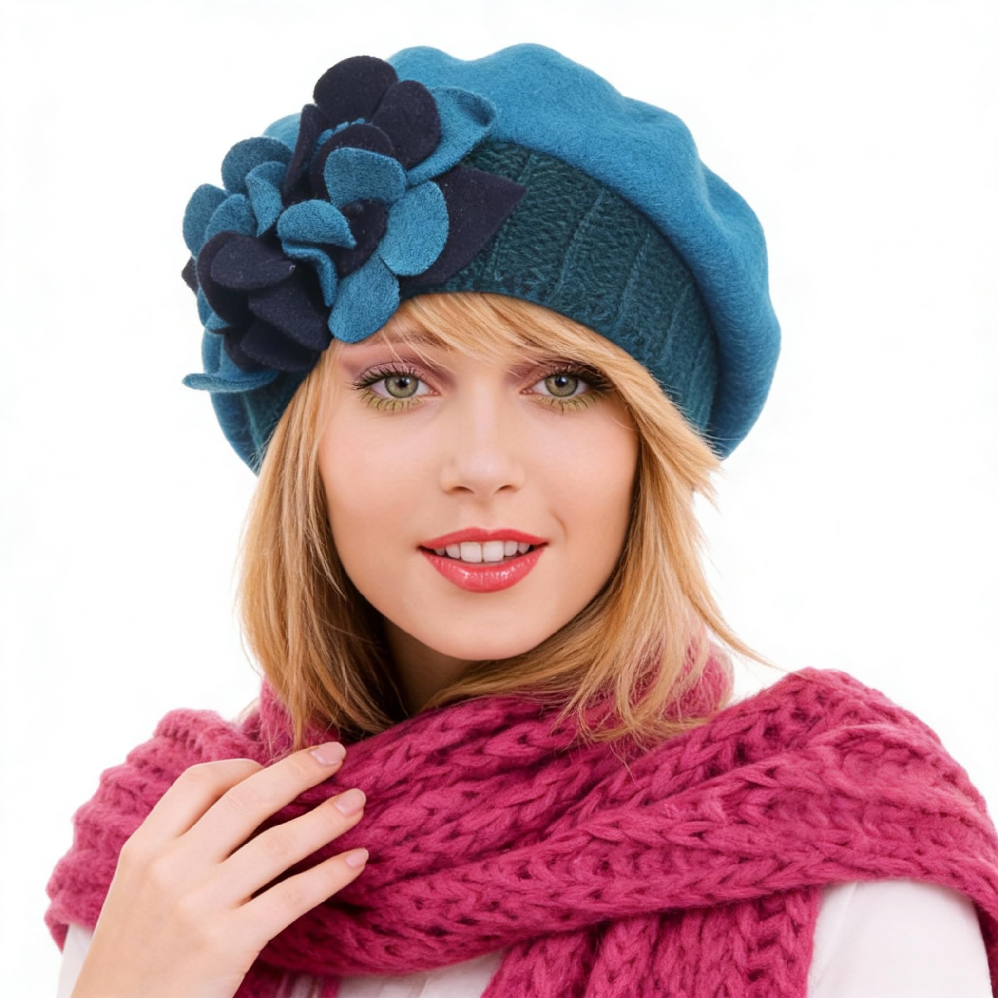 Ruphedy Women's Hy023-Turquoise-A Beret Beanie Chic Wool French Beret Dress Winter Hats Hy022 (Hy023-Turquoise)