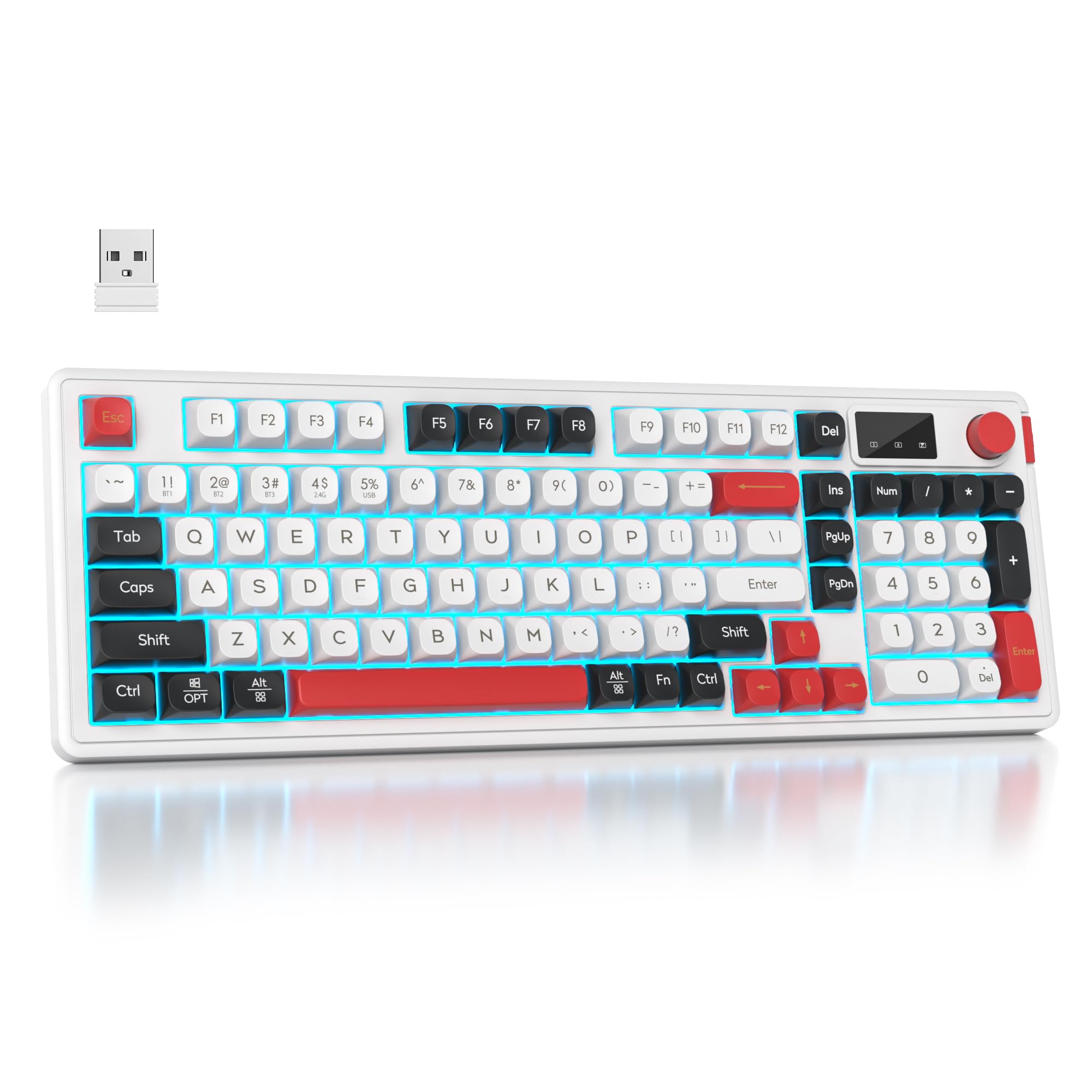 Mosptnspg RGB Mechanical Feel Membrane Wireless Keyboard, Wired/Bluetooth/2.4G Silent ABS Ball Cap Gasket Structure Gaming Office Keyboard for PC/Mac/Win(98 White)