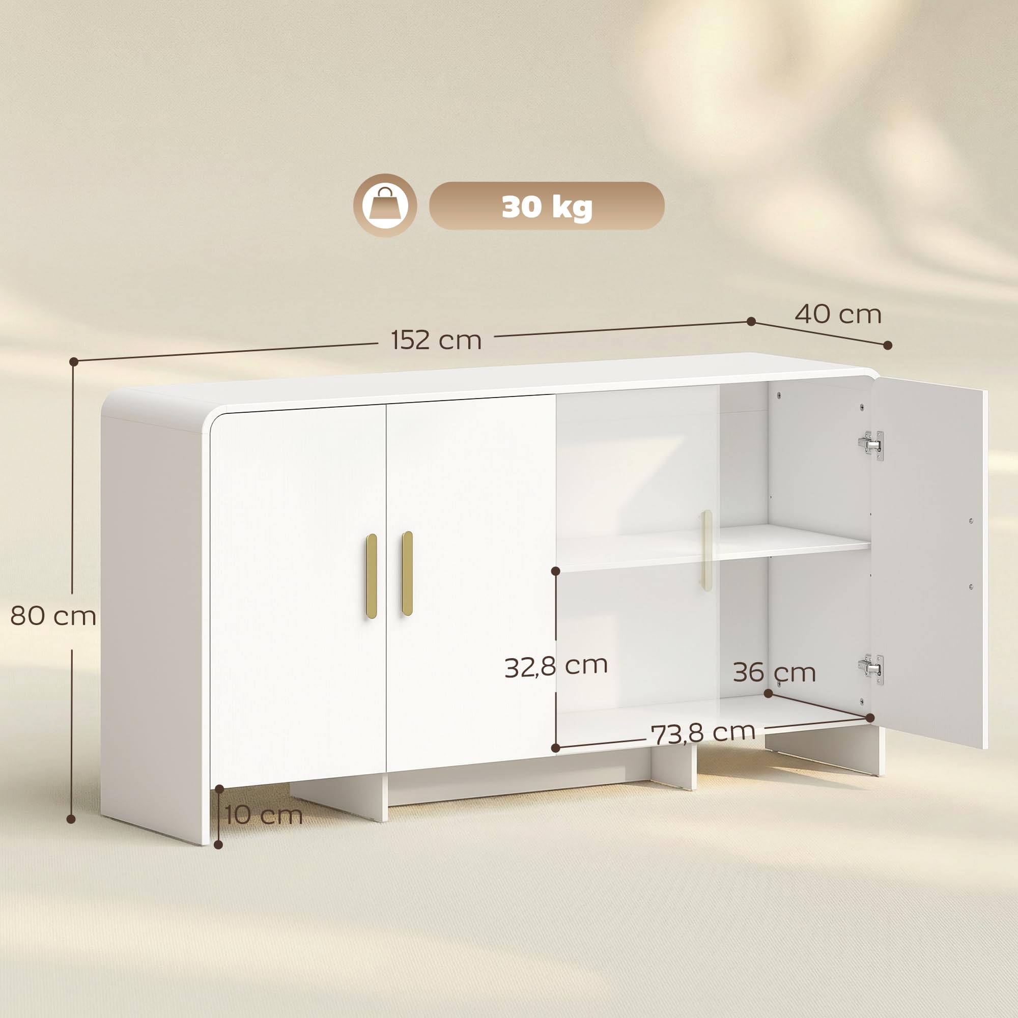 HOMCOM Aparador de Cocina, Armario de Cocina con 4 Estantes, 4 Puertas de Cierre Suave, Bordes Redondeados, Aparador para Comedor, Mueble para TV de 72 Pulgadas, 152x40x80 cm, Blanco