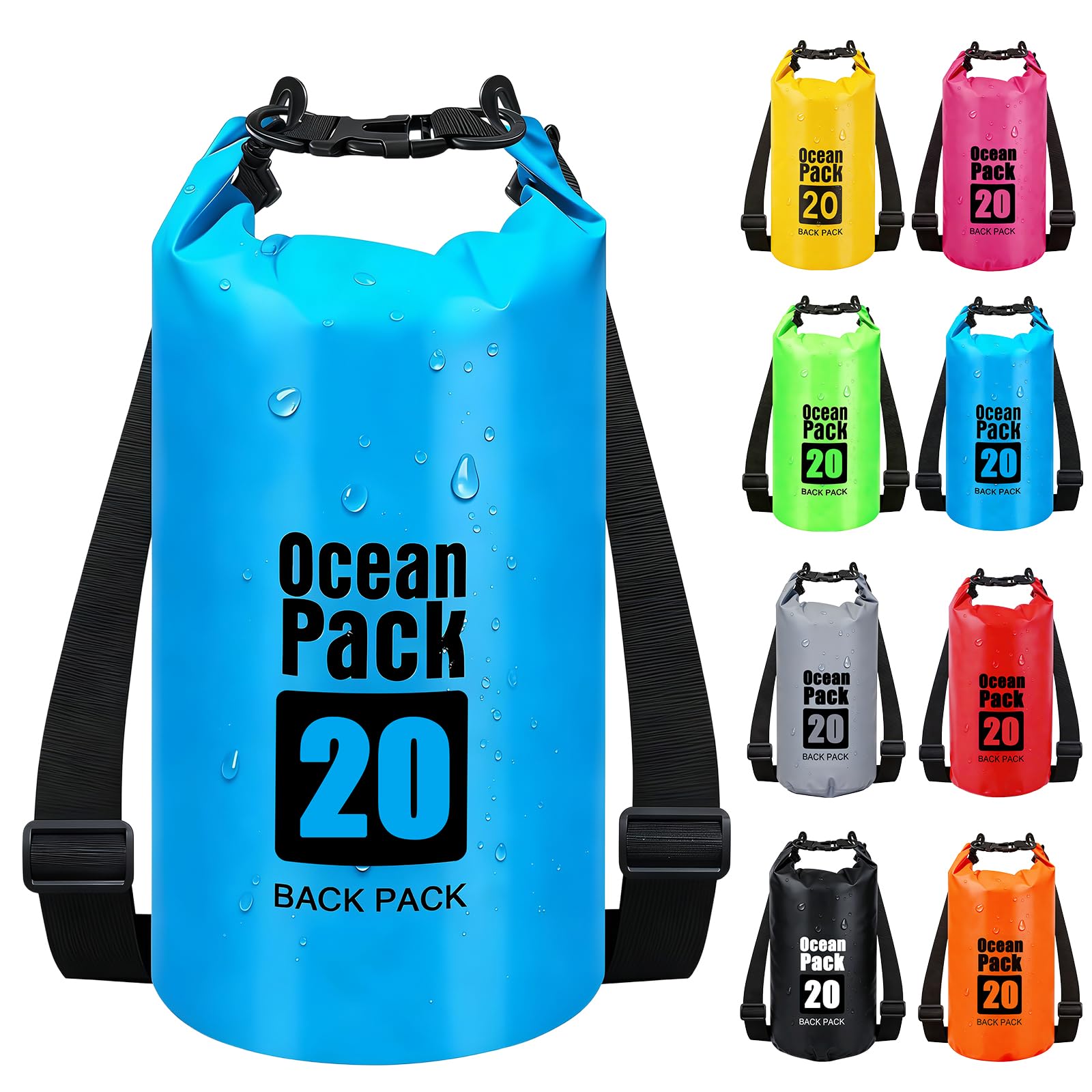 RONGZUBAT 20L Large Waterproof Dry Bag with Shoulder Strap, Roll Top Dry Sack for Camping Gear, Waterproof Bag for Boating, Kayaking, Fishing, Paddle Boarding, Beach, Swimming and Travel - Blue