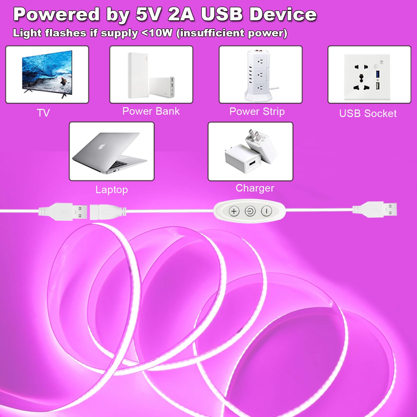 Tira LED rosa USB 5V 5m pequeña tira de luz COB regulable con regulador de intensidad USB para dormitorio, configuración de juegos, manualidades, retroiluminación
