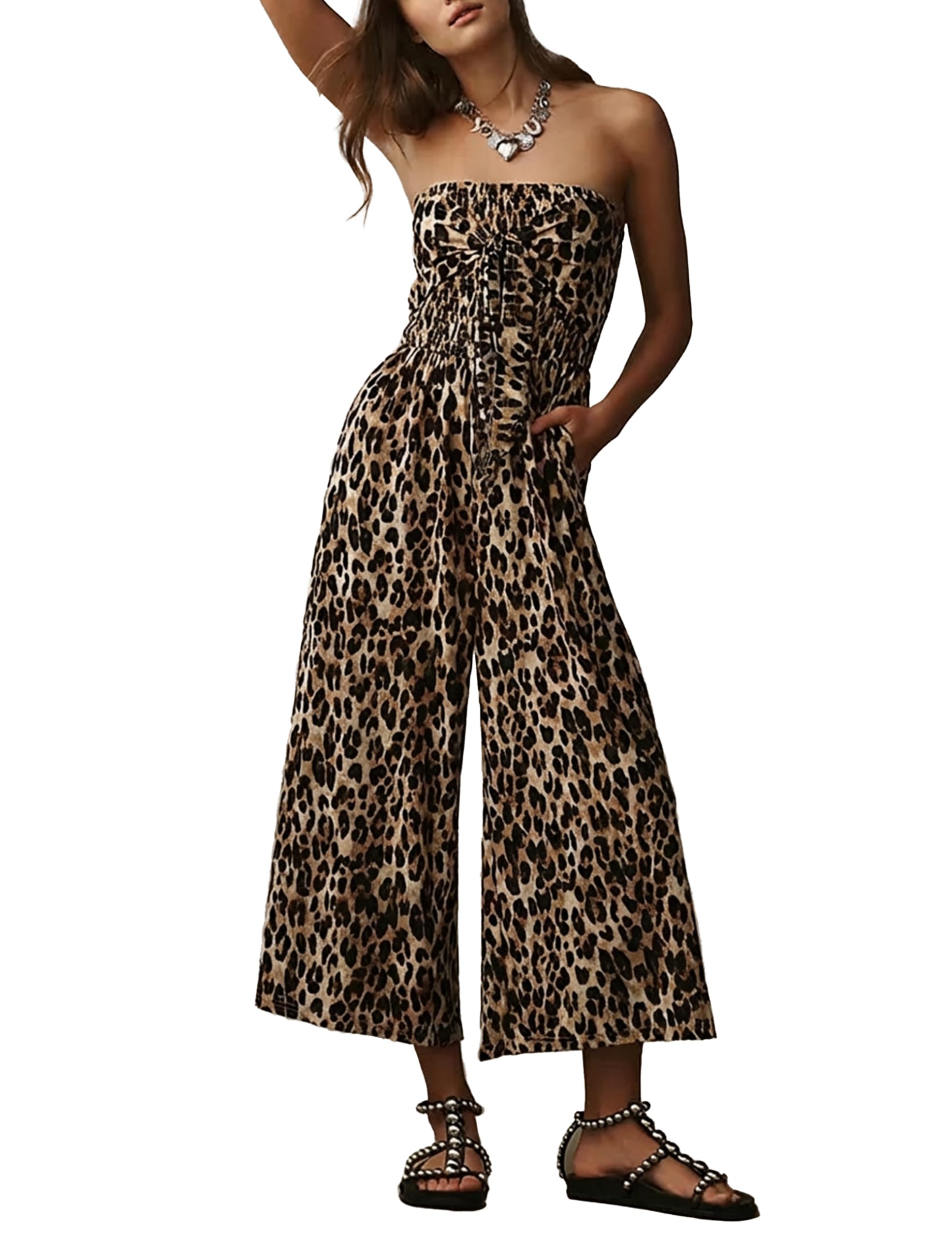 Strapless Tie-Front Jumpsuit for Women Summer Casual Off Shoulder Wide Leg Romper with Pockets-image-35