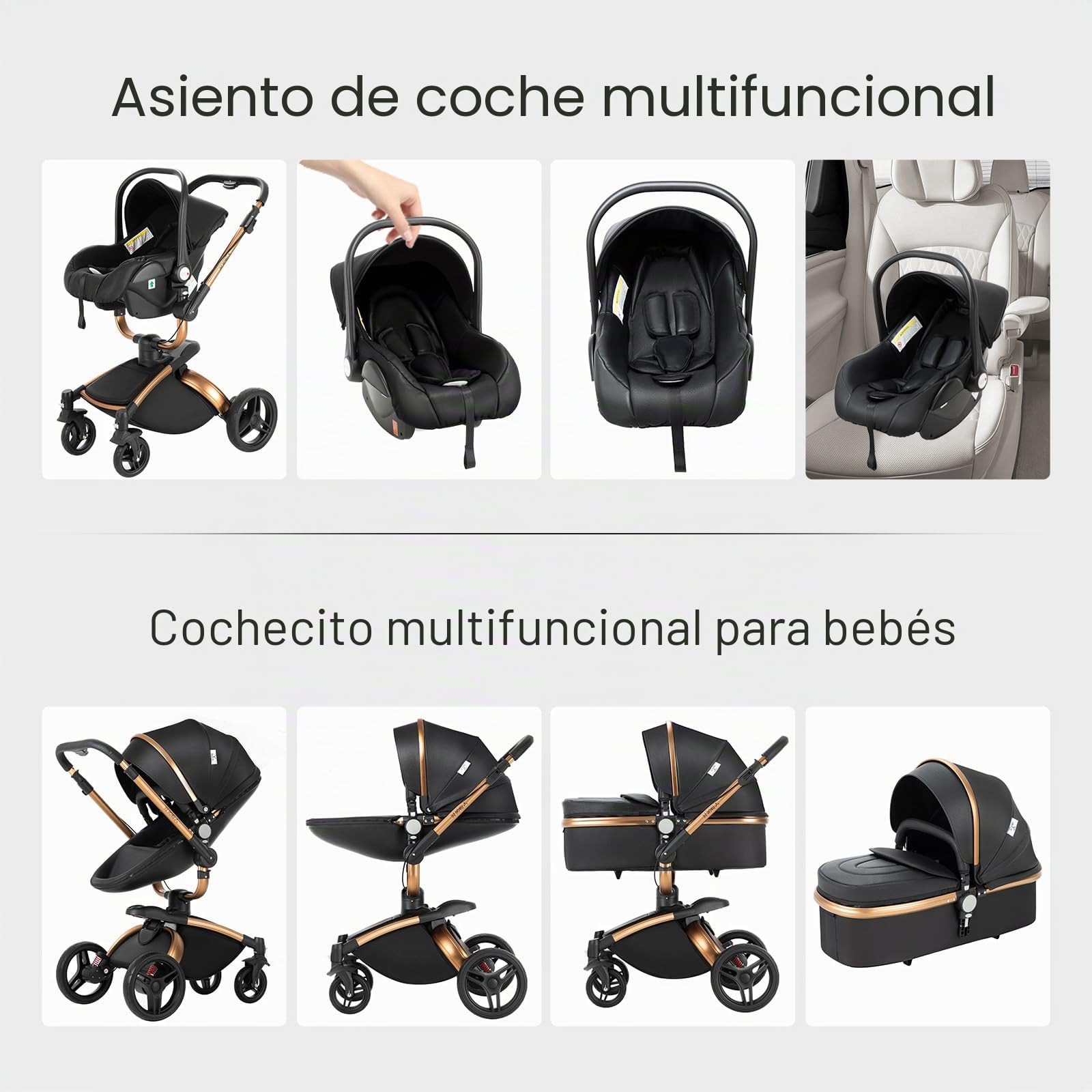 Cuero PU Carrito Bebe 3 en 1, Carrito Bebe con Asiento Ajustable Rotación de 360°, Carro Bebes 3 Piezas con Diseño Plegable de Un Clic, Cochecito Tres Piezas con Accesorios (906 Black)