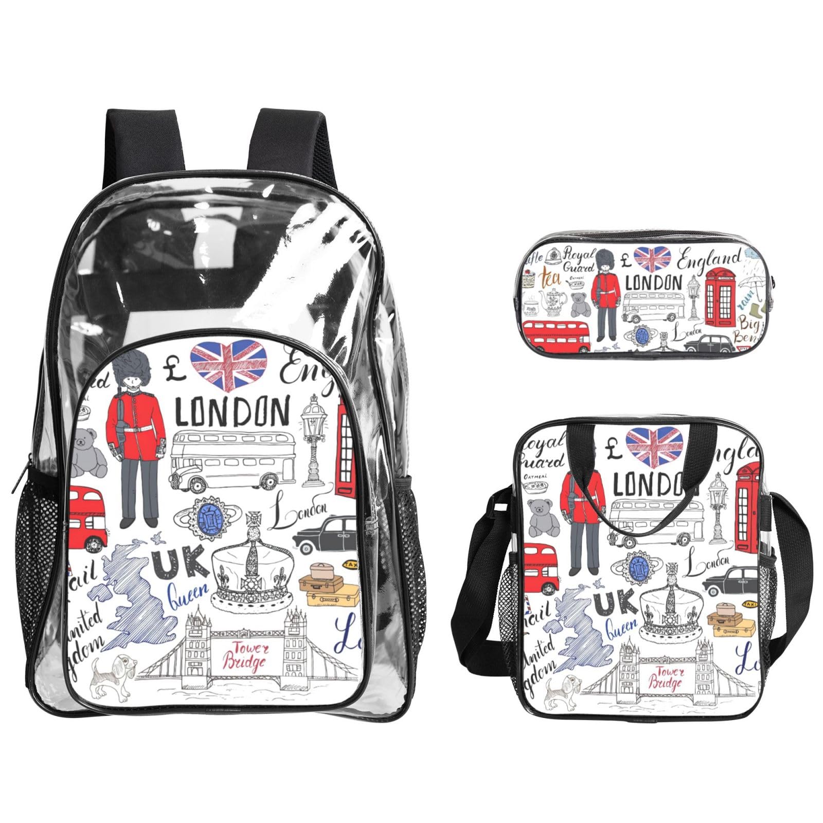 'I Love London Print Clear' lekka 3-częściowa torba na lunch Combo przezroczysty plecak zestaw szkolna podróż