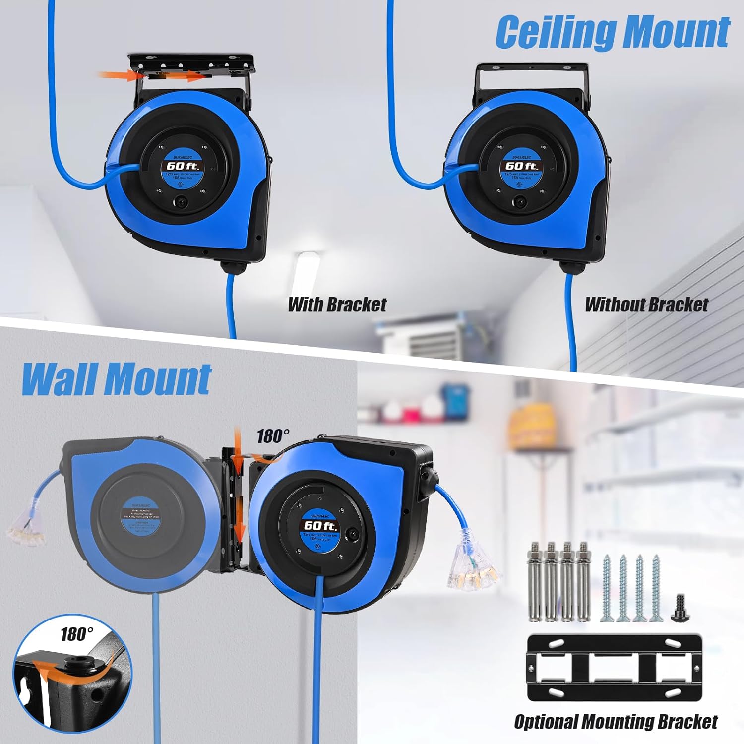 SURAIELEC 12 Gauge Retractable Extension Cord Reel, 60 FT 12 AWG/3C SJTOW Heavy Duty Power Cord, 3 Outlets Triple Tap, 15 AMP Circuit Breaker, Ceiling/Wall Mount, UL Listed