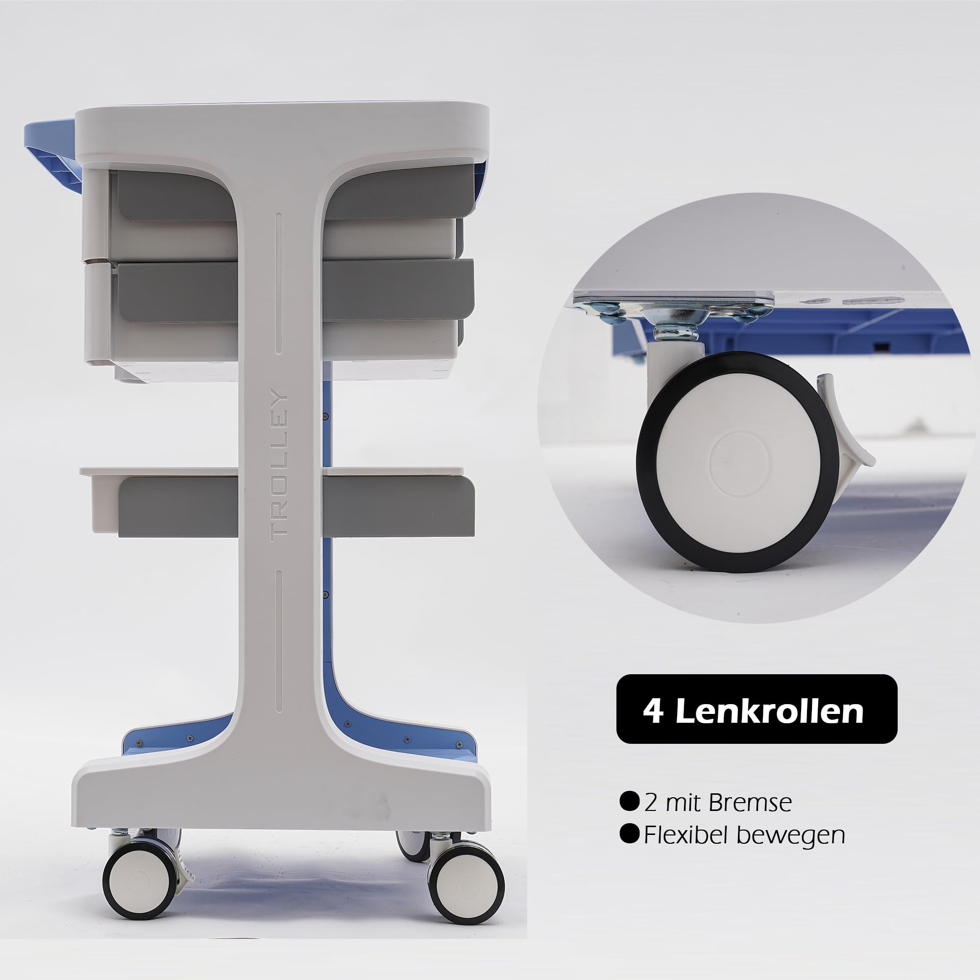 OUKANING Carrello medico con 2 cassetti, 41 x 41 x 67 cm, carrello da 50 kg, con vano portaoggetti, carrello per cosmetici, 4 ruote universali per parrucchiere, colore blu