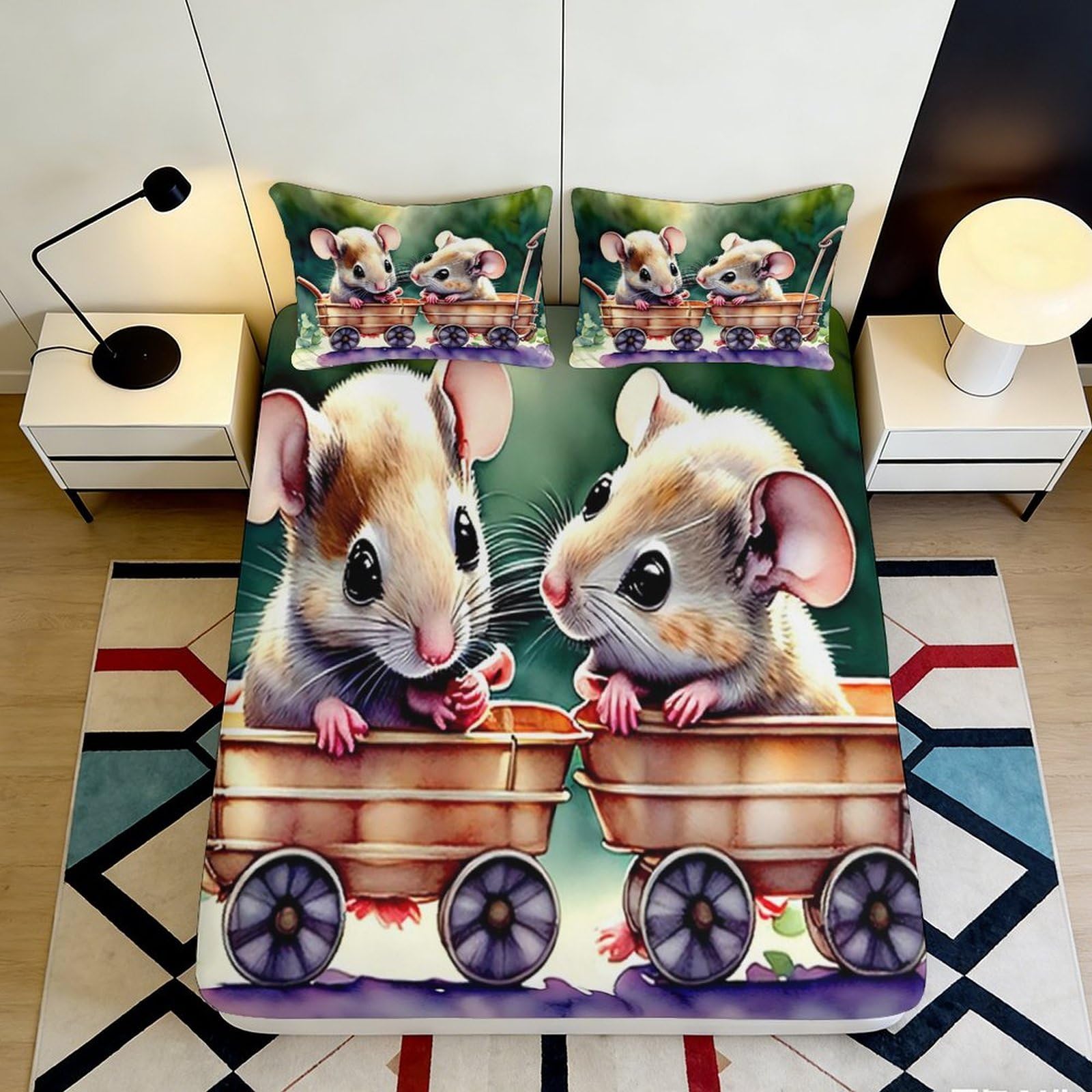 3D Printed Cartoon Hamster Fitted Sheet Microfiber Deep Pocket Non-Slip Cartoon Hamster Mattress Fitted Cover Elastic Hem Bedding 90x200x25cm