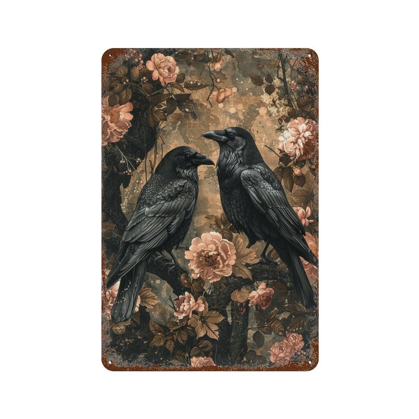 Rust Effect Ravens in Floral Garden Rustic Tin Plaque 11.8"x7.9", Old School Wall Decor for Shed, Workshop And Garage Wall Decor
