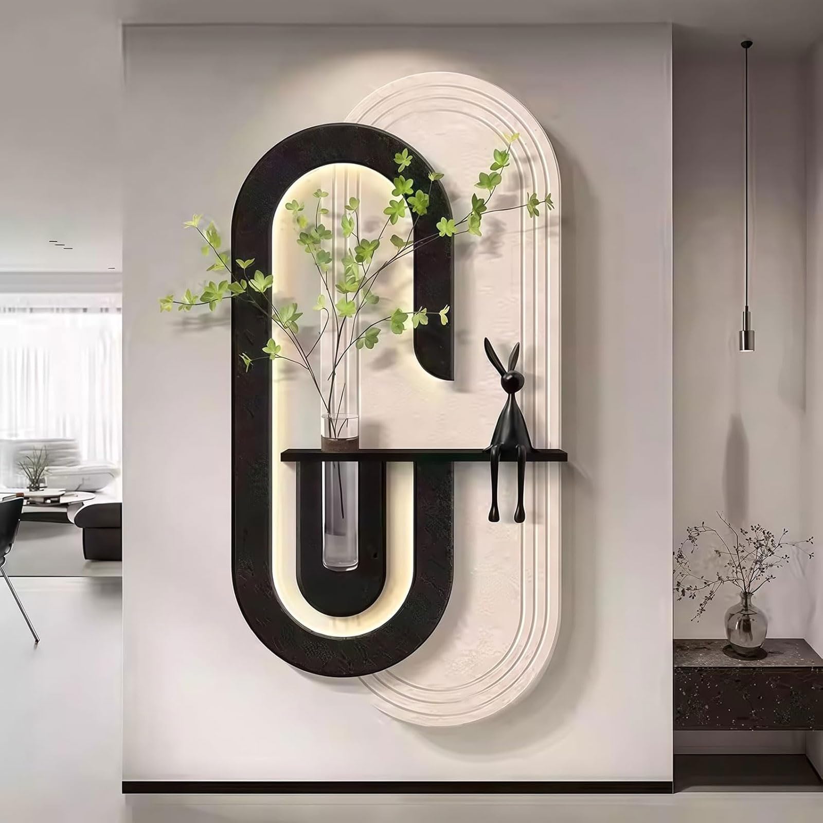 Décoration Murale 3D avec Lumière LED, Sculpture Murale à Texture de Grès, Décoration Murale avec Plantes Vertes Simulées, Vase en Verre et Statue de Lapin, Lumière à Télécommande,D,40CM